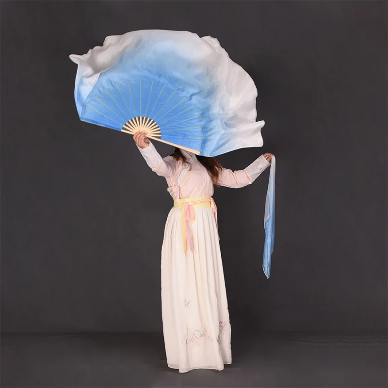 Light Blue Silk Veil 1Pair Real Silk Bamboo Double-Sided Chinese Yangko Performance Fan Veil Half Circle Mon Round Shape Flowy