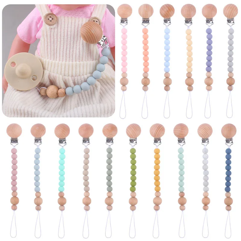 

Beech Wooden Clips Safe Silicone Beads Pacifier Clips Chain For Baby Dummy Clip Nipple Holder Soother Teething Toy Baby Teether