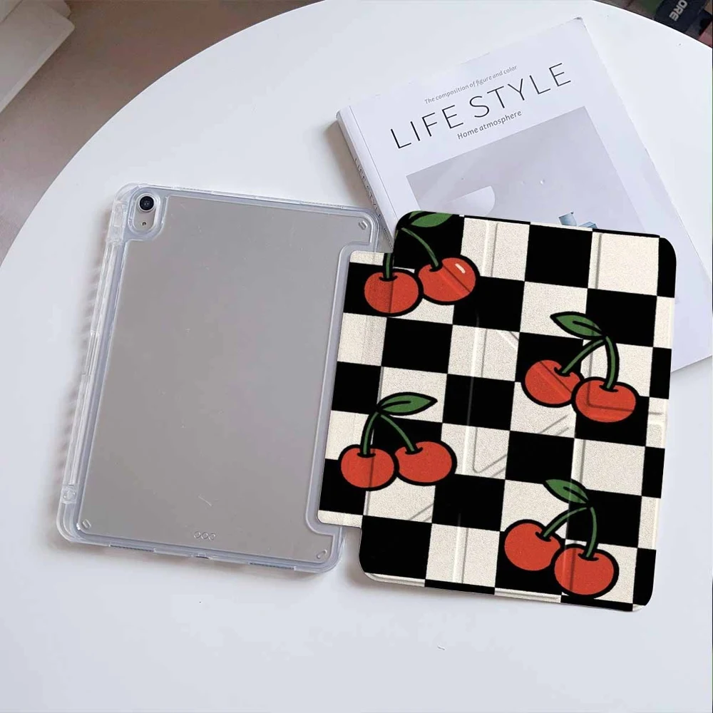 Checkerboard Cherry Pattern Protective Tablet Case with Pen Slot