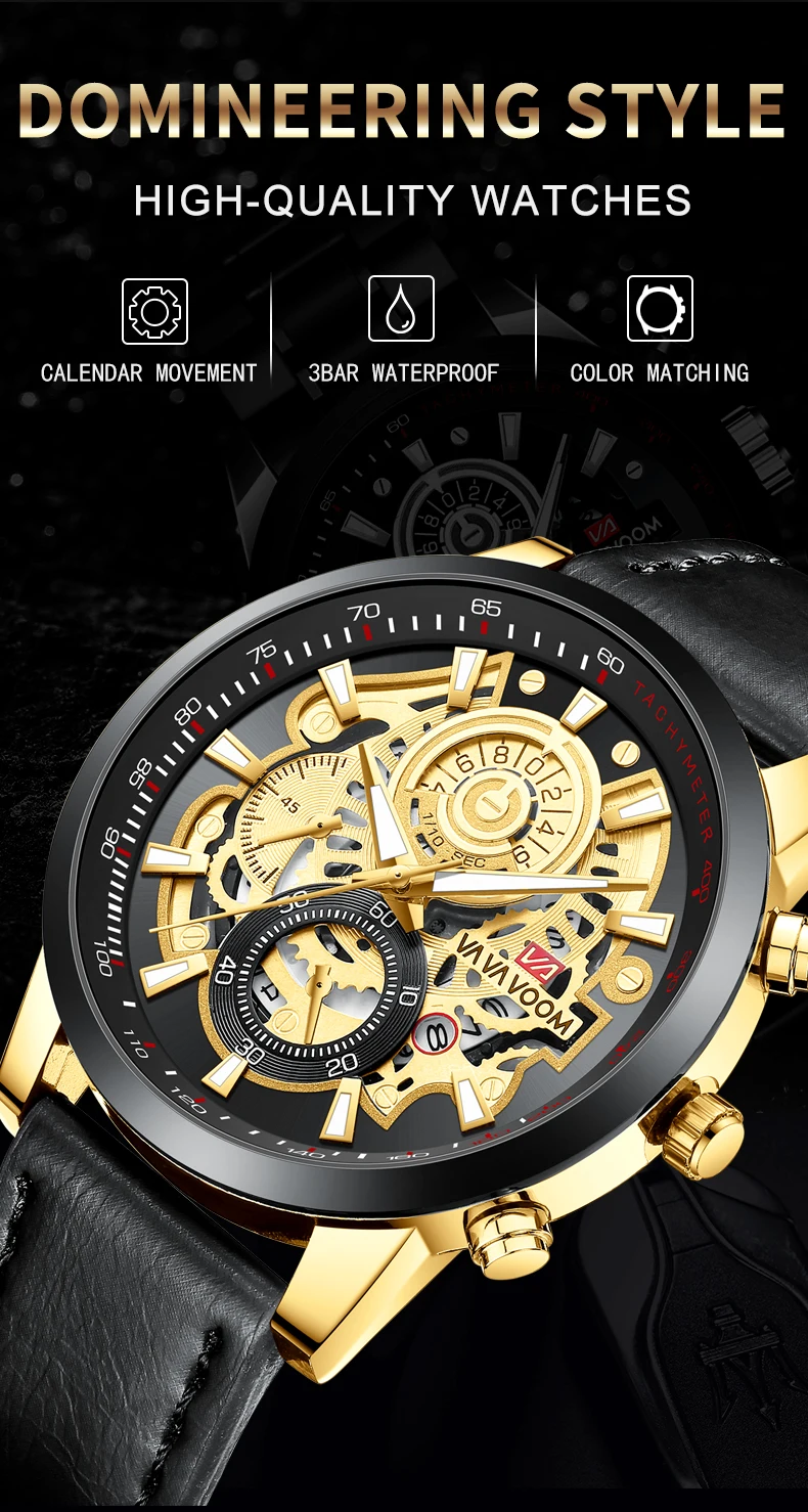 Brand Men Leather Watch Fashion Industrial Gear Clock 45mm Gold Quartz Movement Waterproof Man Military Sports Watch_voghion.com