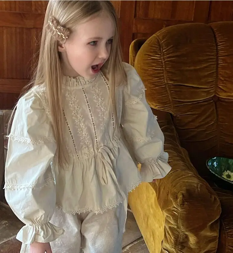 New Stlye Girls Lace Shirt Spring Cotton Full Sleeve Fashion Girls Blouse 2-7 year WW135