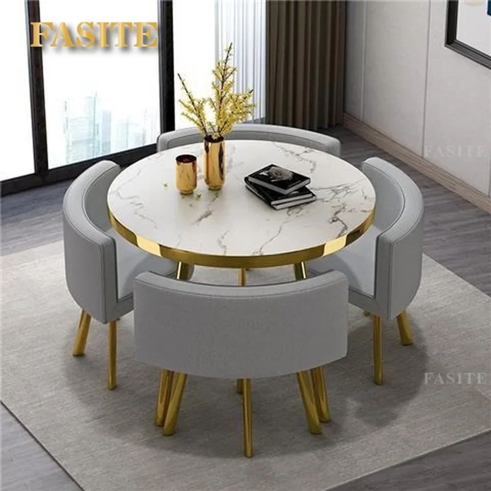 Marble Round 80cm Dining Tables Set 4 Chairs Modern Center Wood Table Luxury White Apartment Furniture