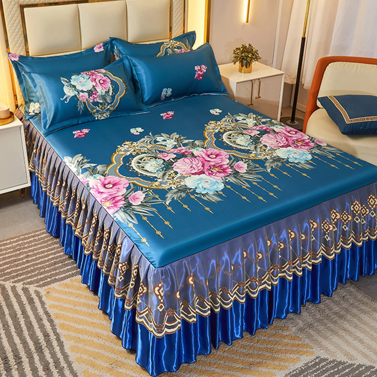 3 Pcs Blue Floral Skirt Bedding Set Garden Aesthetics Flower Rufled Mattress Pad Sheet Set Include Bed Skirt with 2 Pillowcases 2