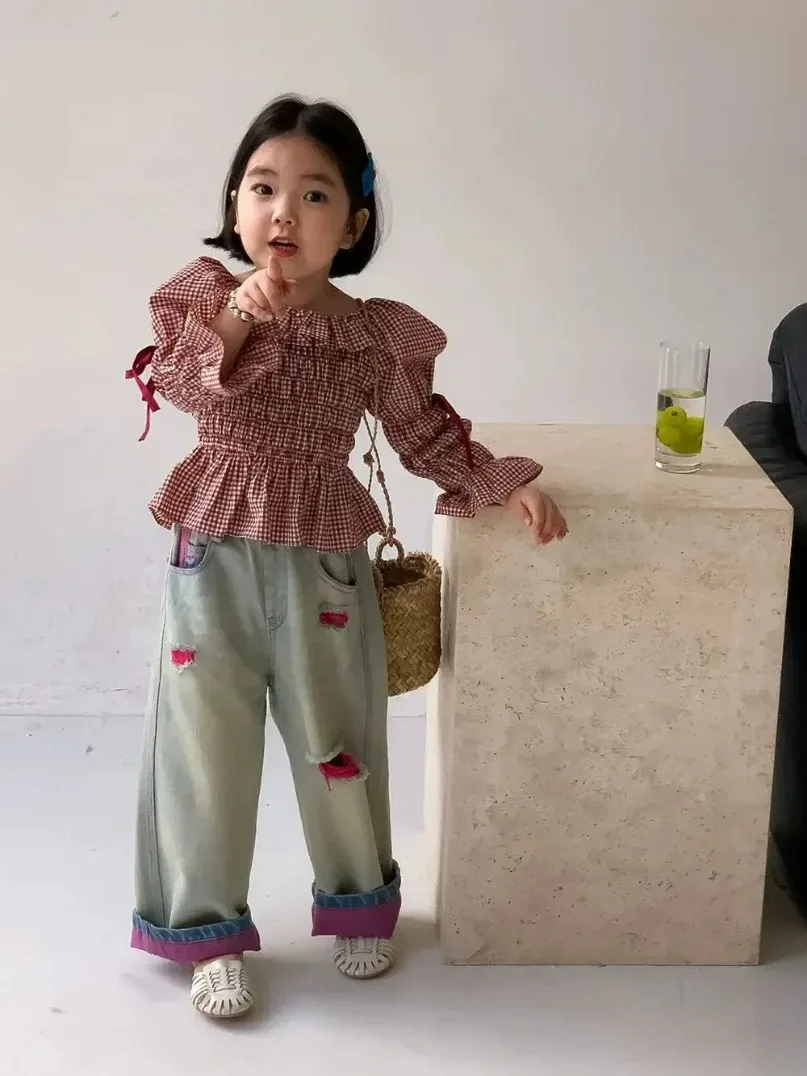 여아용 소프트 천공 청바지, 데님 바지, 캐주얼 2024 용수철 및 가을 스트레이트 레그, 다목적 바지, 어린이 신상