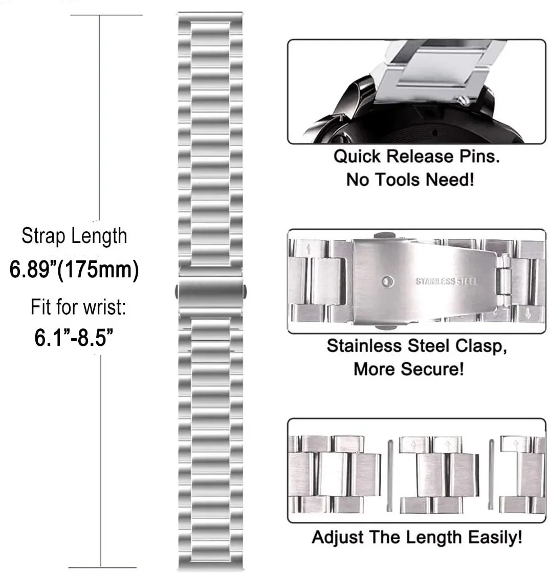 Premium 22mm Metal Watch Strap - Elegant Business Wristband Bracelet