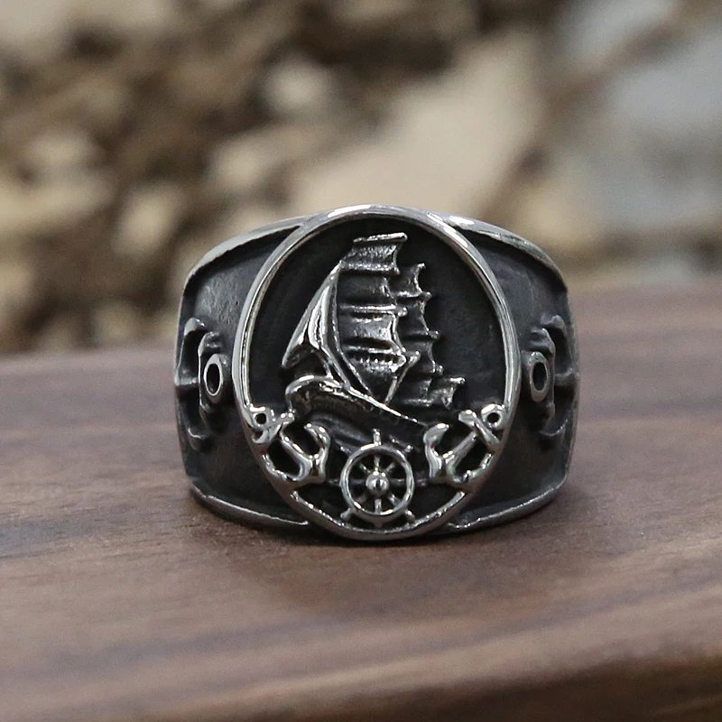 ELFASIO Viking Rings Valknut Pirate Compass Norse Scandinavian Text Symbol Men Stainless Steel Vintage Jewelry 