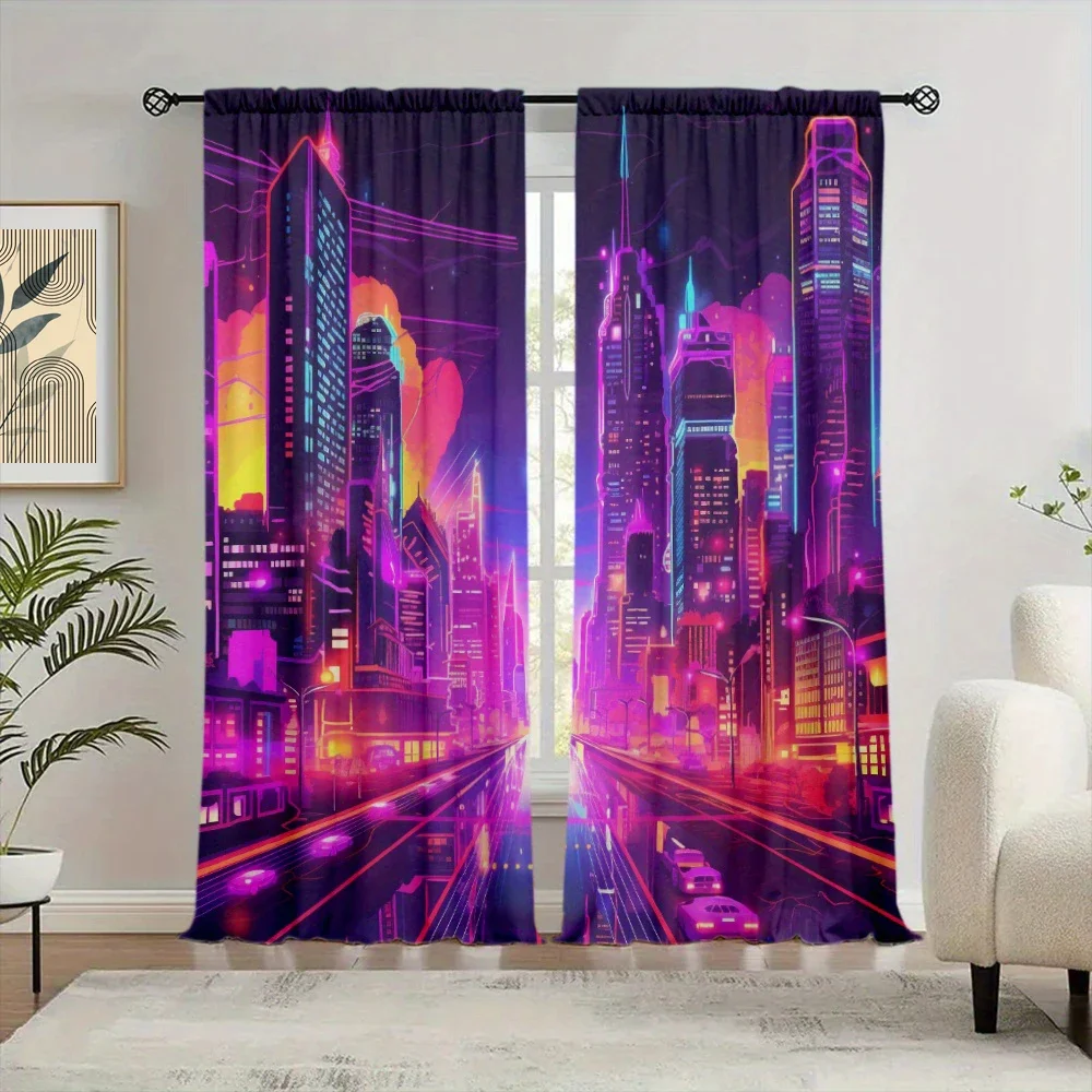 2pcs Future City Style Printed Curtain for Home Decor - Rod Pocket Window Treatment for Bedroom, Office, Kitchen, Living Room 5