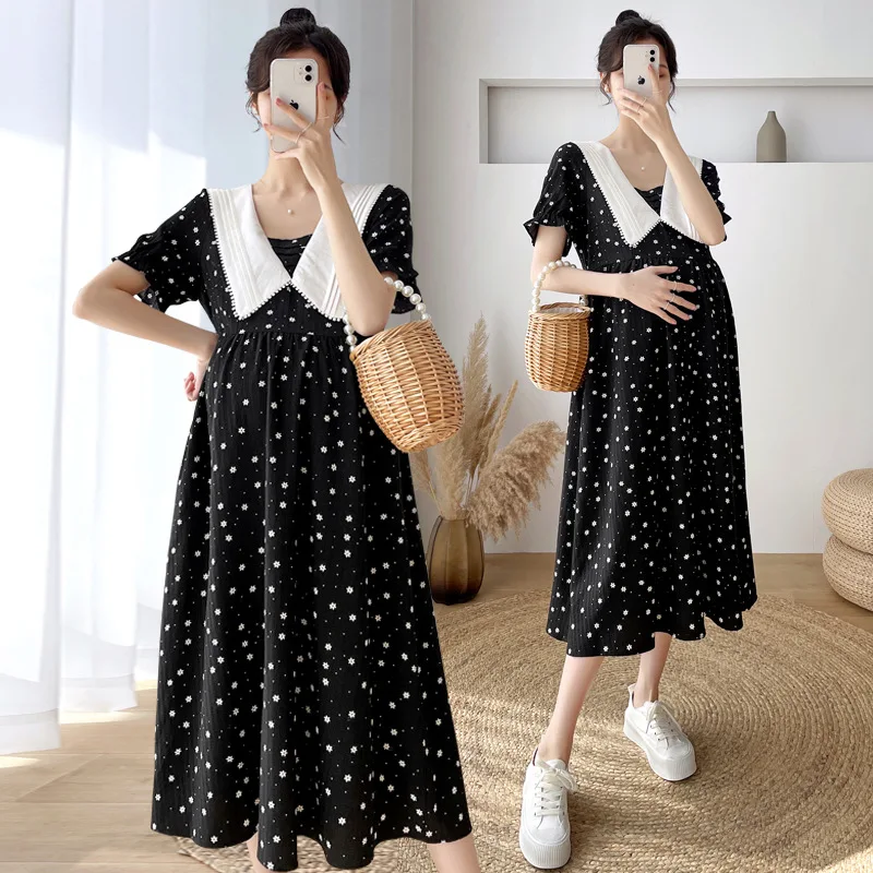 

2023 Summer Fashion Black Maternity Dress Chic Ins Floral Embroidery Black A Line Clothes for Pregnant Women Pregnancy