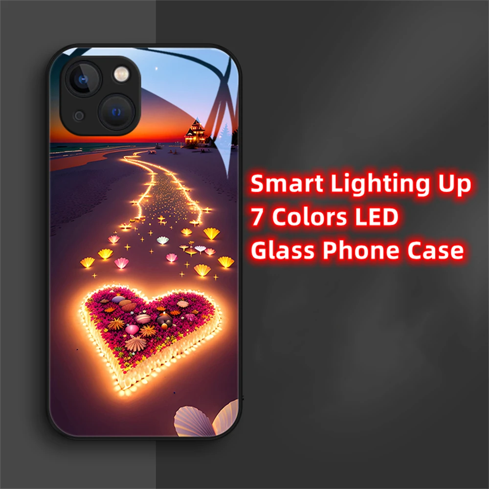 2024 New Arrival Love Beach Smart LED Light Glow Tempered Glass Phone Case For iPhone 15 14 13 12 11 Pro Max XR XS Plus SE2020
