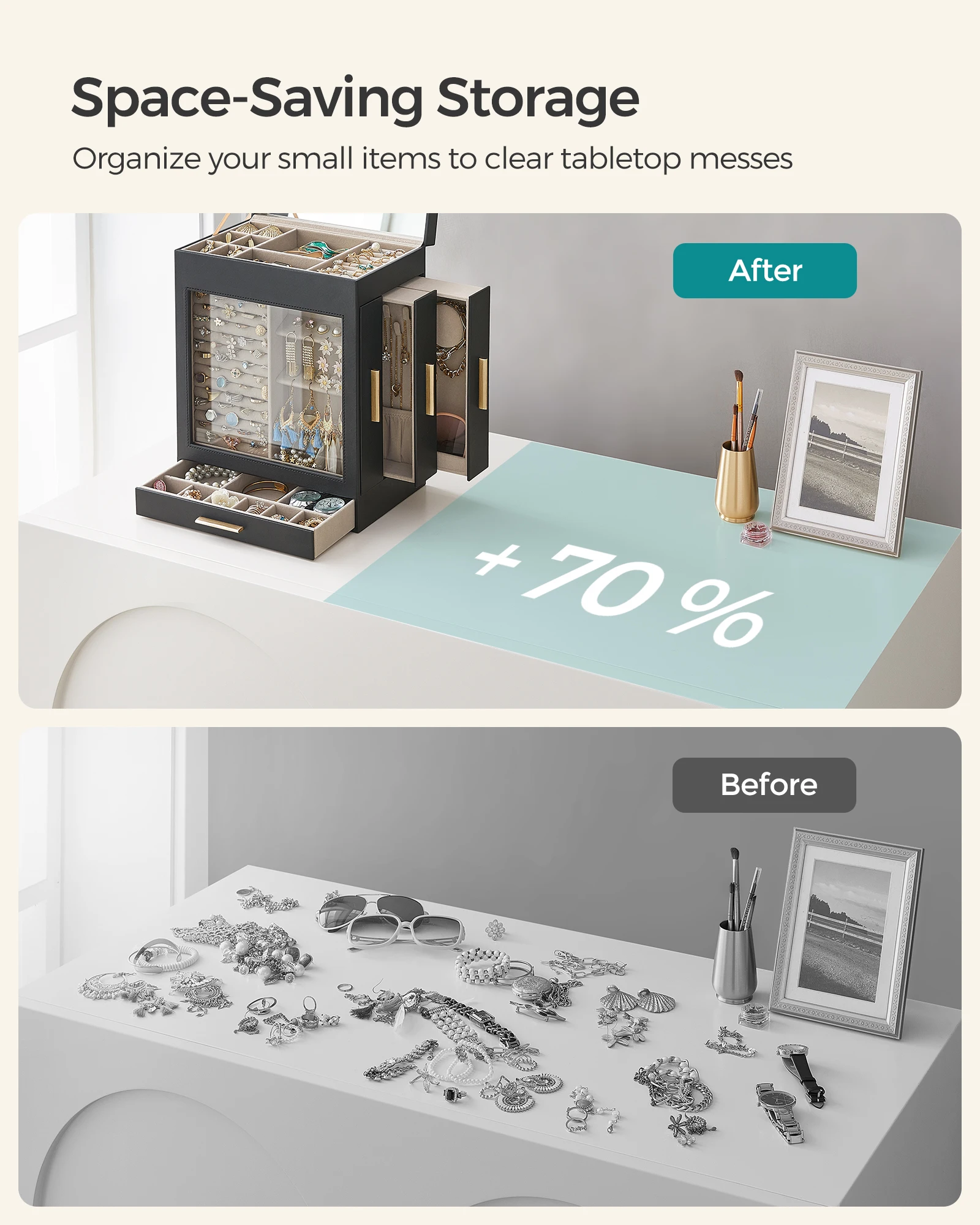 SONGMICS Jewelry Box with Glass Window, 5-Layer Jewelry Organizer with 3 Side Drawers, Jewelry Storage, with Big Mirror, Modern 6