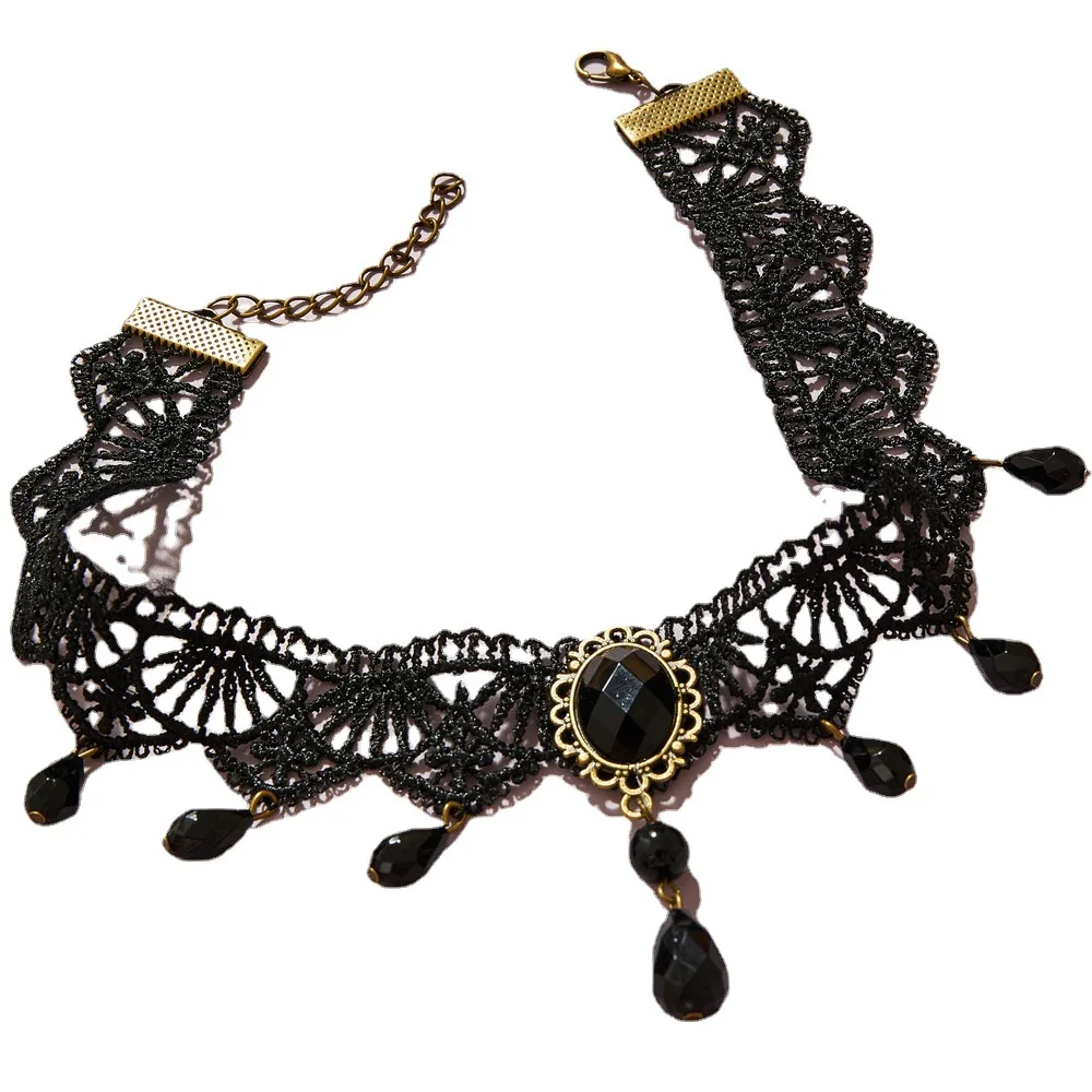 Black Lace Necklace Retro Court Gothic Personality Crystal Lace Necklace Choker Clavicle Chain lace necklace lace choker necklaces