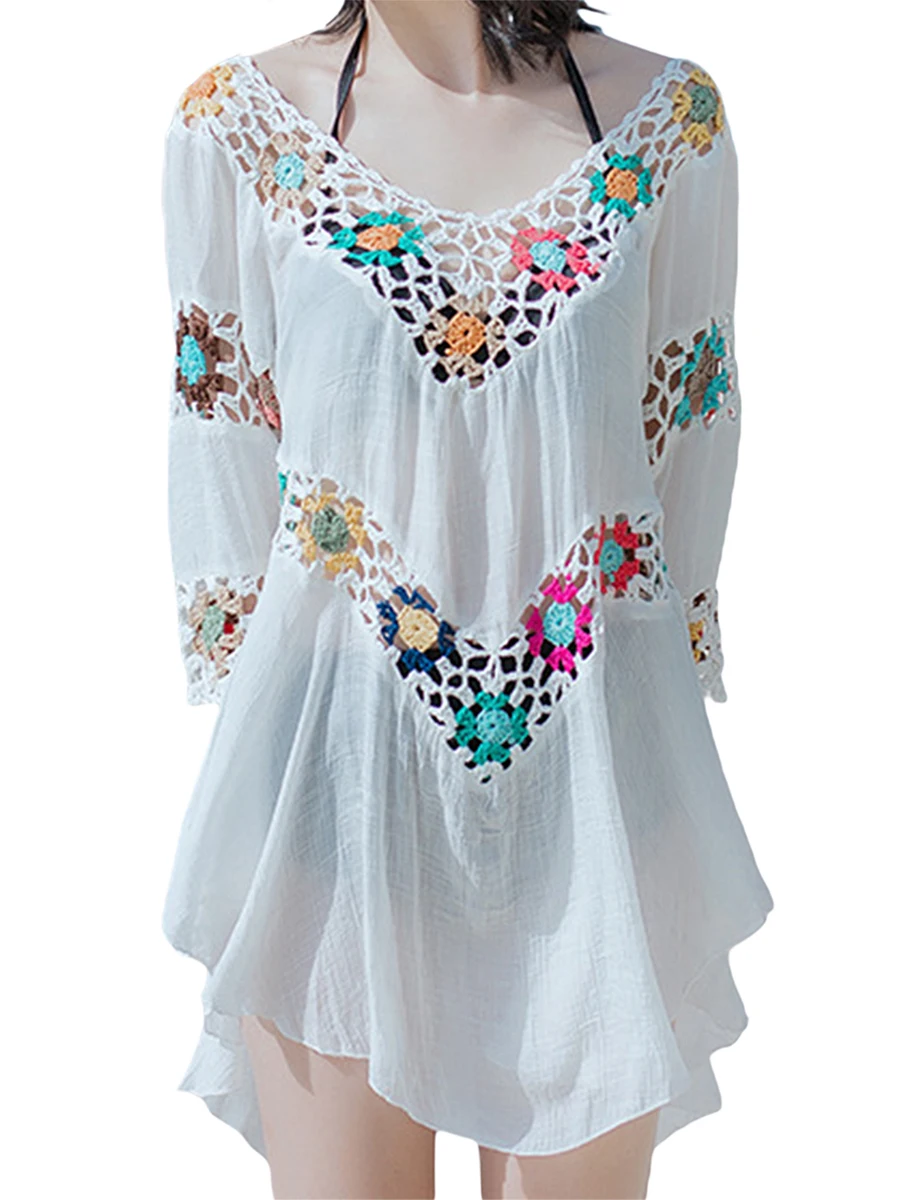 

Women Cover Ups Bathing Suit Solid Color Crochet Sexy Hollow-Out Tassel Mid Sleeve Beach Mini Dress for bohemian Bikini Swimwear