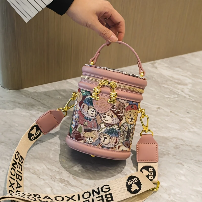 Chic Bear Pattern Mini Bucket Bag: Trendy, Dual Zip Compact Crossbody with Durable Lining and Adjustable Strap