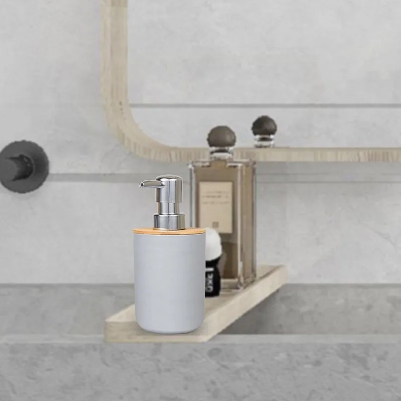 Bathroom Accessories Set White Modern Soap Lotion Dispenser Resin and Wood Soap Dish Toothbrush Holder