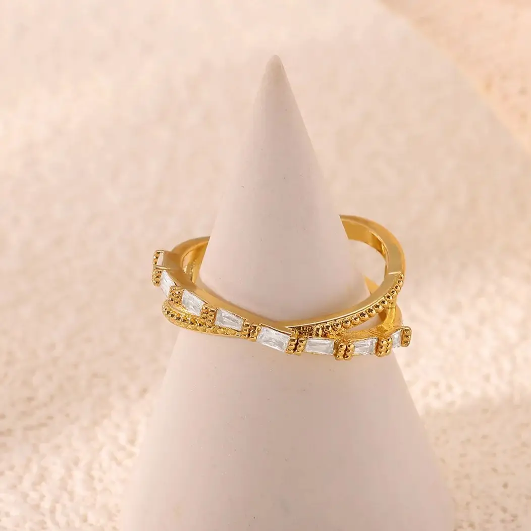 Luxury Zircon Cross Rings Gold Color Stainless Steel Sparkling Adjustable Ring