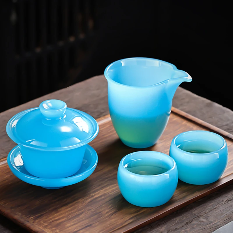 Chinese Tea Bowl Ice Blue Jade Porcelain Gaiwan Glass Coloured Glaze Large Capacity Kungfu Gawian Tea Set for Cha Hai
