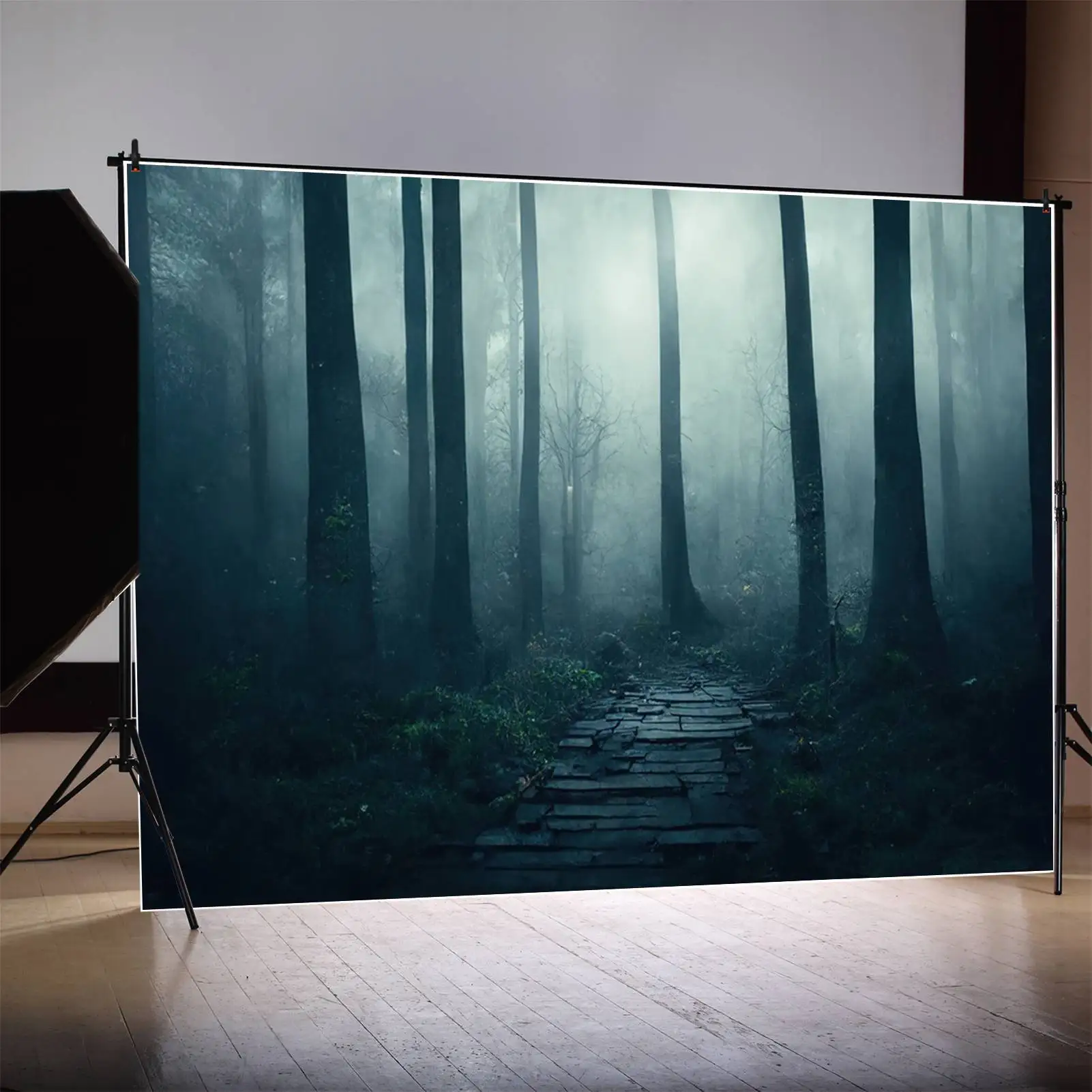 Moon.Qg Photo Background Grey Dark Forest Brick Road Halloween Party Background Percorso Personalizzato Green Grass Tree Trunk Fog Decorations