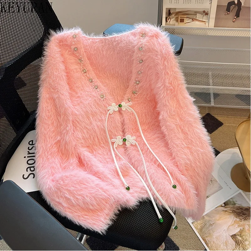 

Mink Cashmere Pink Cardigan Women 2023 New Korean Autumn Winter Thick Beading Soft Single Breasted Knitting Loose Sweater Coat