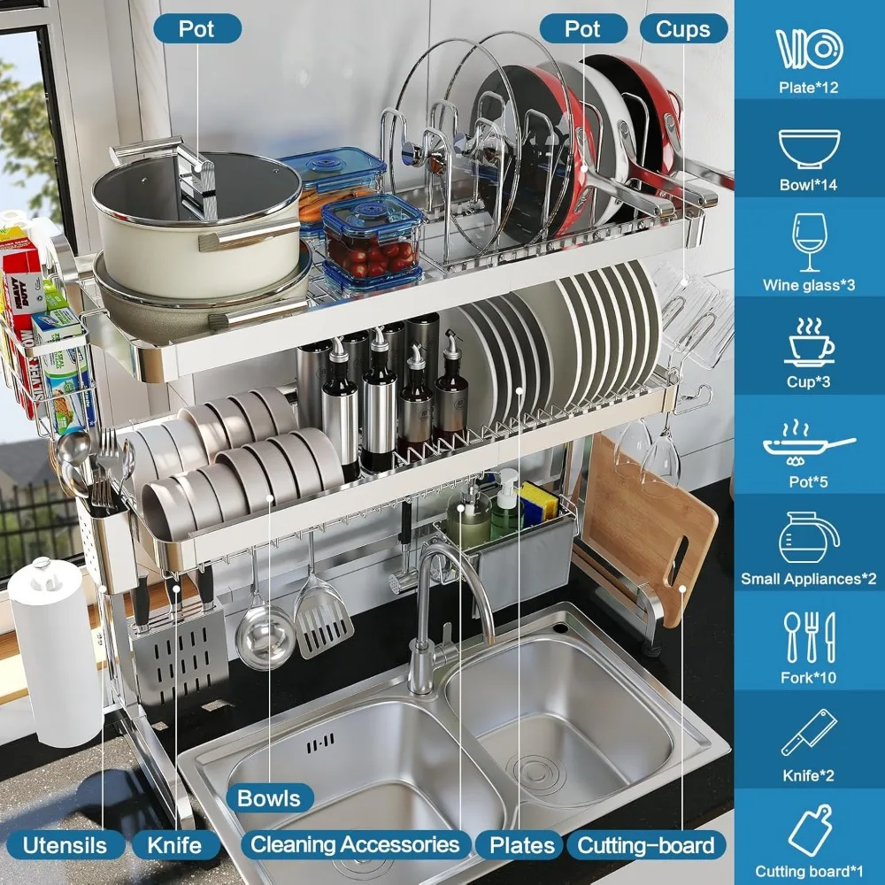Over The Sink Dish Drying Rack, 3-Tier Drying Drainer Rack Over Sink Stainless Steel Adjustable , 4
