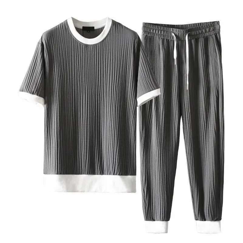 Summer Casual Suit Men's 2025 New Round Neck Elastic Breathable Pleated Short-sleeved Nine-point Pants Thin One Set Sf0c961456025483581a0fe6557051841Q