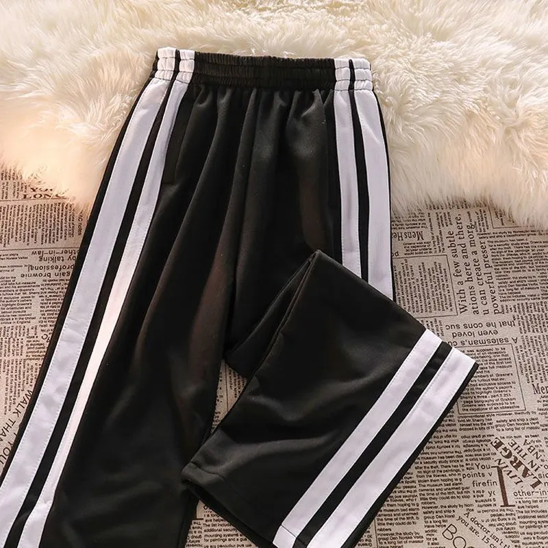 Spring Autumn New Contrast Straight Pants Elastic Waist Striped Patchwork Loose Wide Leg Pants Fashion Trend Women Clothing