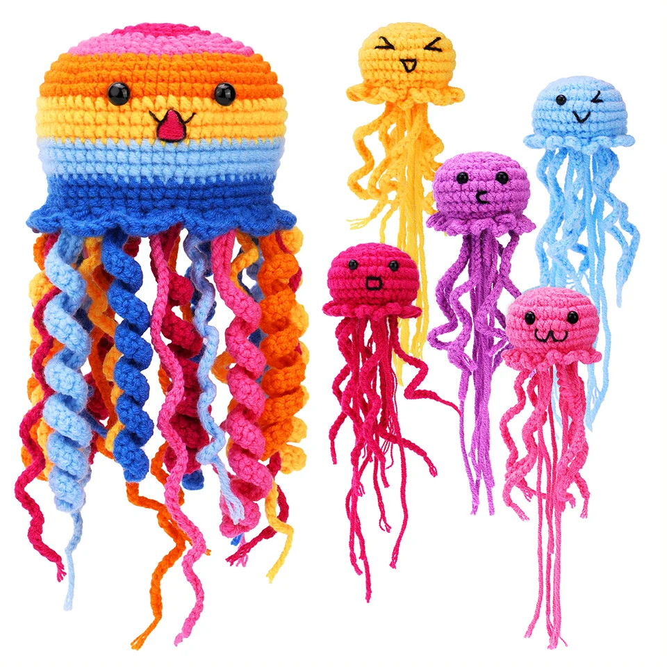 6Pcs Jellyfish Crochet Material Package with Step-by-Step Video Tutorials Unfinished Crochet Animal Kit for DIY Craft Beginner