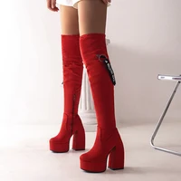 2024 Ultra-High Profiled Hollow Thick Heel Frosted Flock Women's Over-The-Knee Boots Plus Size High Platform Zipper Long Boots - Image 5
