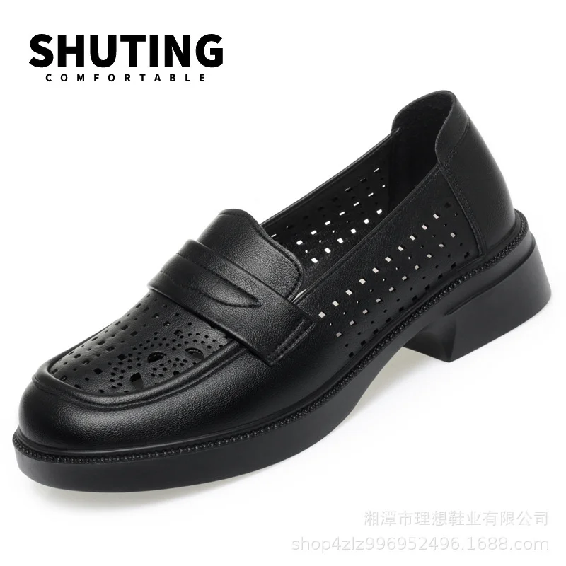 Summer New Fashion Cute Round Toe Soft Sole Non-slip Hollow Single Shoes Breathable Casual Soft Leather Women's Shoes