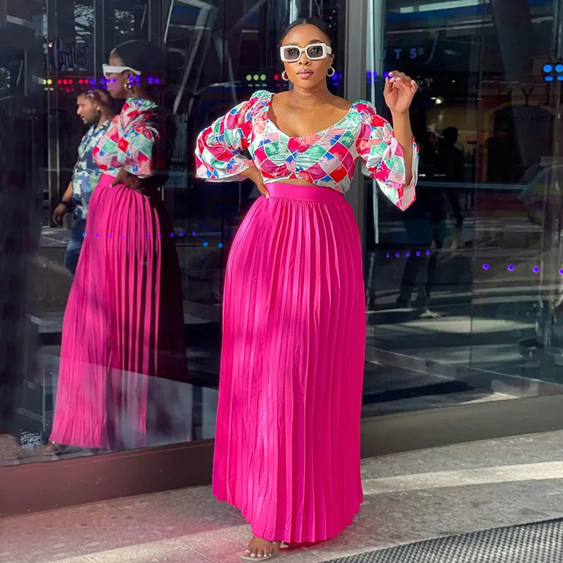 Pleated Dress Crop Tops 2 Piece Skirt Sets Long Sleeve Stretchy Tops 2023 Fall Women Sexy Party Club Dress 2 Piece Set Outfit