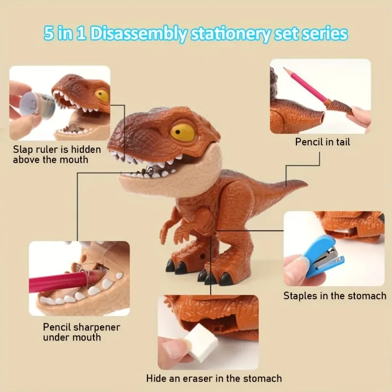 Set di cancelleria 5 in 1 con dinosauri, che include righello, temperamatite, cucitrice e gomma. Materiale didattico divertente, regalo perfetto per bambini._voghion.com