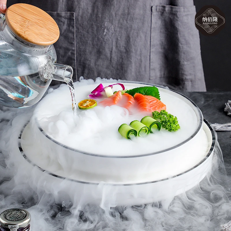 Creative Dry Ice Smoke Container Ceramic Cold Dish Tray Sashimi Dry Ice