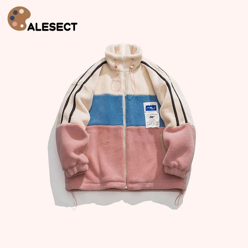 

CALESECT 2023 Patchwork Sherpa Jacket Women Men Oversize Winter Coat Aesthetic Outfit Streetwear Loose Fashion Harajuku Outwear