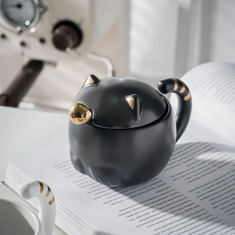 

350ML Cat Shape Ceramic Mug Cute Art Nordic Coffee Mug Creative Water Cup Coffee Milk Cup with Lid and Spoon