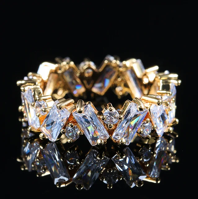 Handmade Eternity Promise Gold Crystal Ring AAA CZ Zirconia Engagement Wedding Band Rings for Women Men Finger Party Jewelry 2