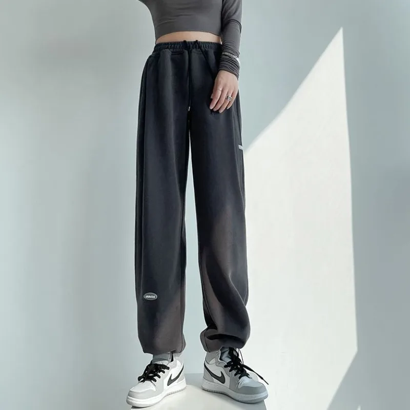 2023 Autumn New Women Trousers Loose Large Size 100kg Ankle-Tied Sports Pants High Waist Slimming Fashion Casual Wide-Leg Pants fashion jeans men s autumn and winter stretch cotton soft straight ankle tied high end men s all match tight casual trousers