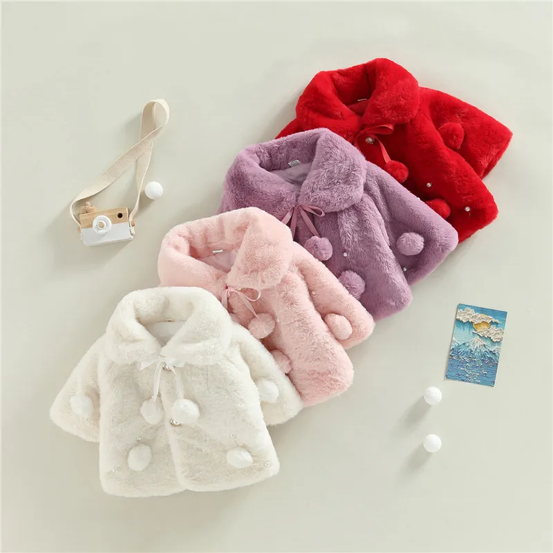 0-18months Baby Girl Winter Jacket Solid Color Wide Lapel Long Batwing Sleeve Fur Coat For Girl Pearl Decoration Snow Wear Cloak Winter Coat