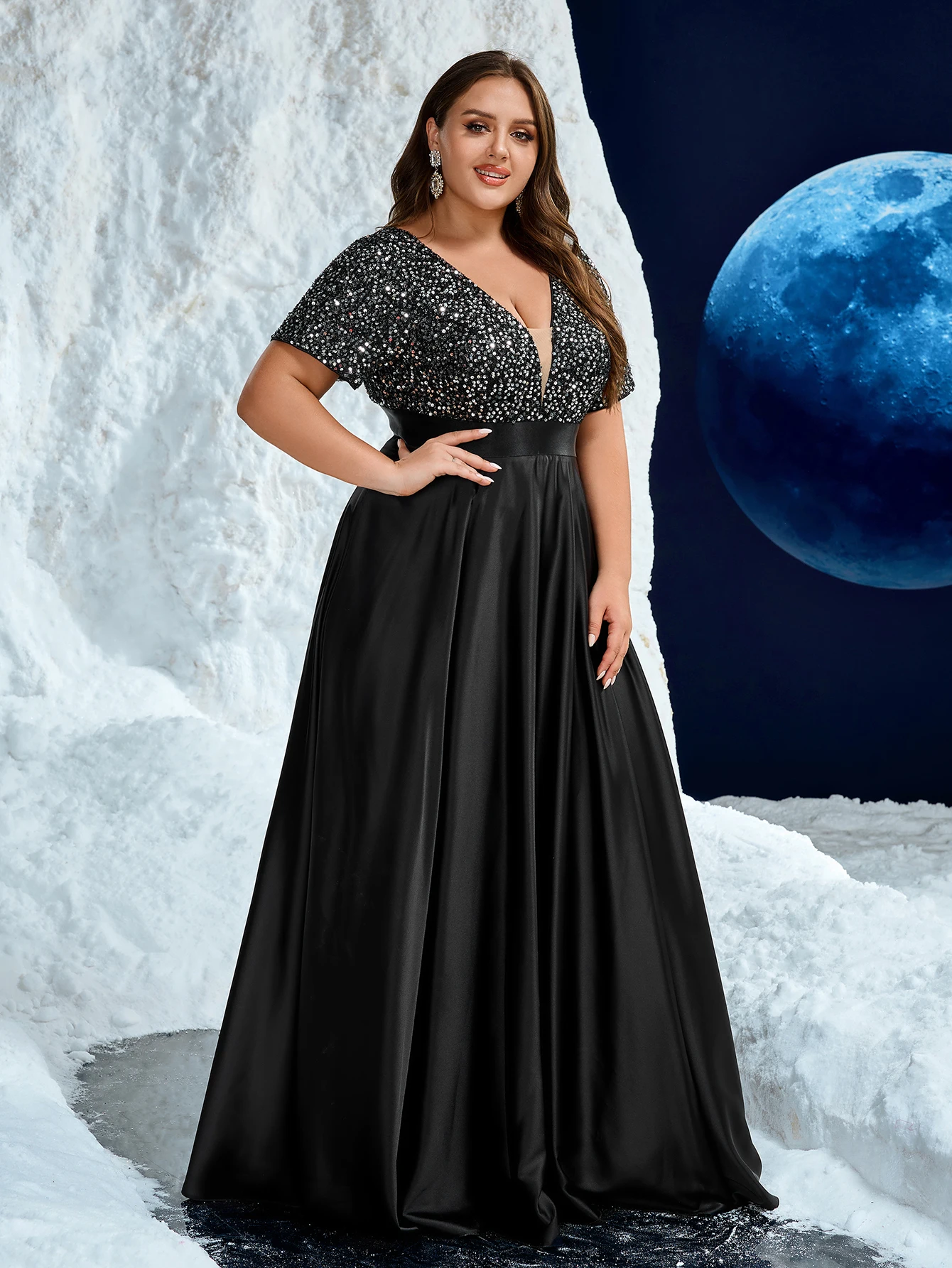 UNITHORSE Plus Size V-Neck Sequined Satin Flared Dress, Black Elegant Formal Evening Prom Gown