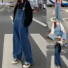 Jeasn Women Denim Overalls Y2k Korean Style Spaghetti Strap Retro Jumpsuits With Pockets Oversized Buttoned Wide Leg Playsuits 1