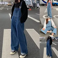 Jeasn Women Denim Overalls Y2k Korean Style Spaghetti Strap Retro Jumpsuits With Pockets Oversized Buttoned Wide Leg Playsuits 1
