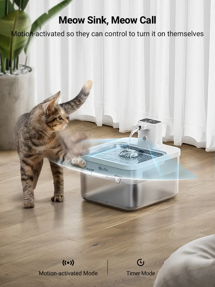 cat water fountain DownyPaws 2.5L Automatic Stainless Steel Cat Water Fountain 4000mAh Wireless Pet Drinker Battery & Sensor 2 in 1 Dispenser