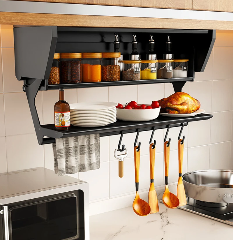 Description Picture 2 of itemKitchen Pull-down Folding Condiment Storage Shelf Space Aluminum Wall Hanging Condiment Rack Under The Cabinet Large-capacity