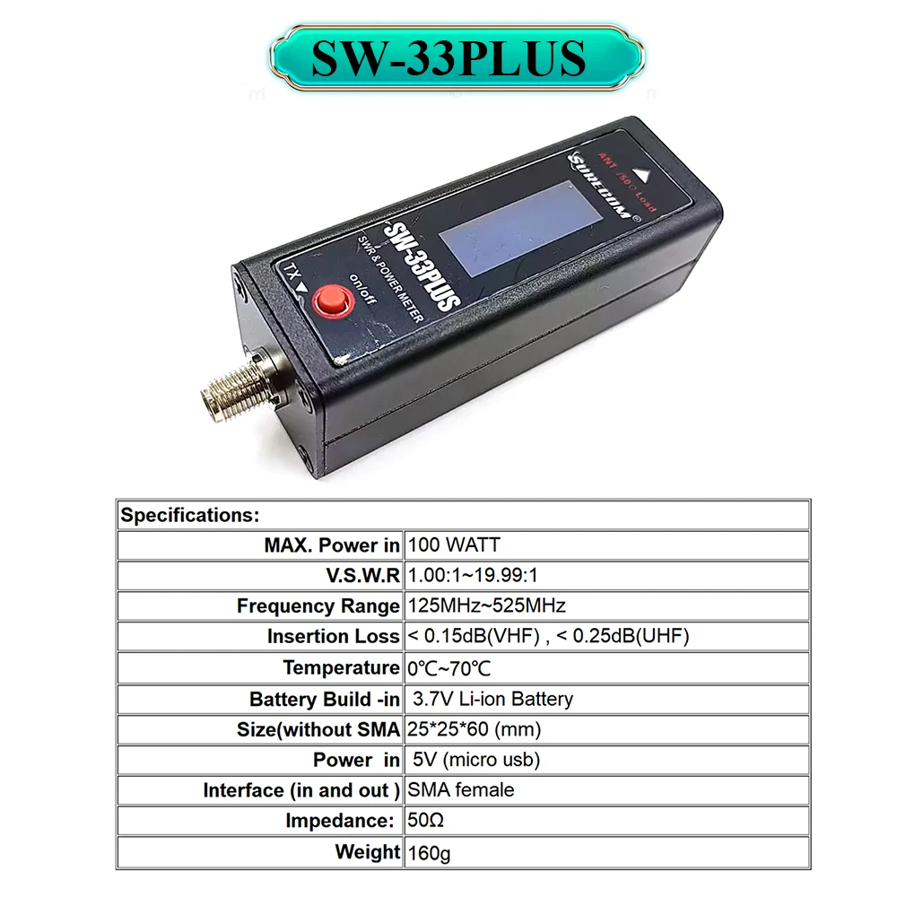 SW-33Plus 100W Mini Power & SWR Meter VHF UHF 125-525MHz With Adapter for Walkie