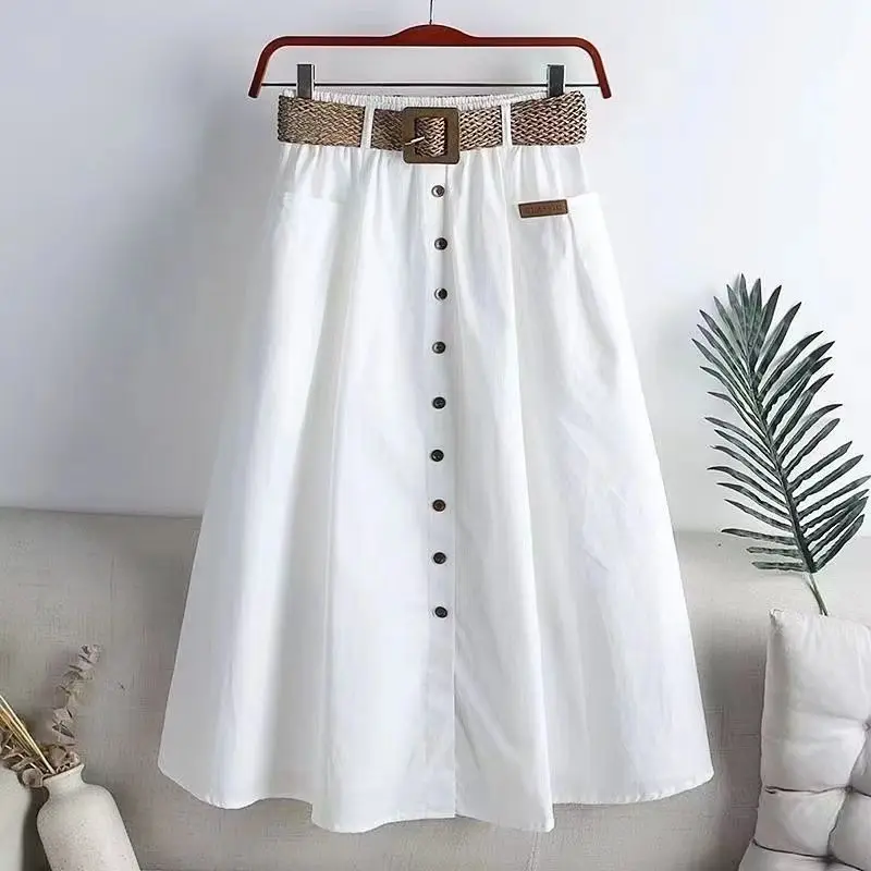 Elegant Fashion Summer New Elastic High Waist Denim Color Skirt Women Simple Casual Button Pocket Slit Large A-line Skirts 2024