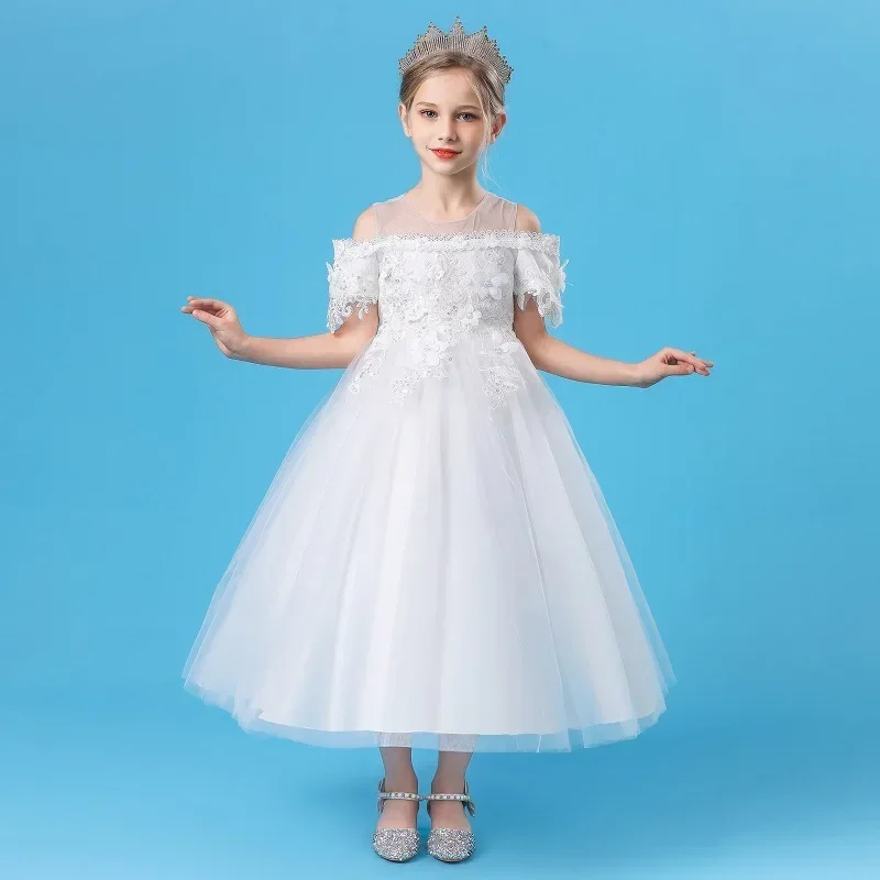 

Formal Tulle Flower Bridesmaid Girls Dress Vestido White Wedding Princess Prom Kids Party Dresses For Girls Bow Birthday Costume