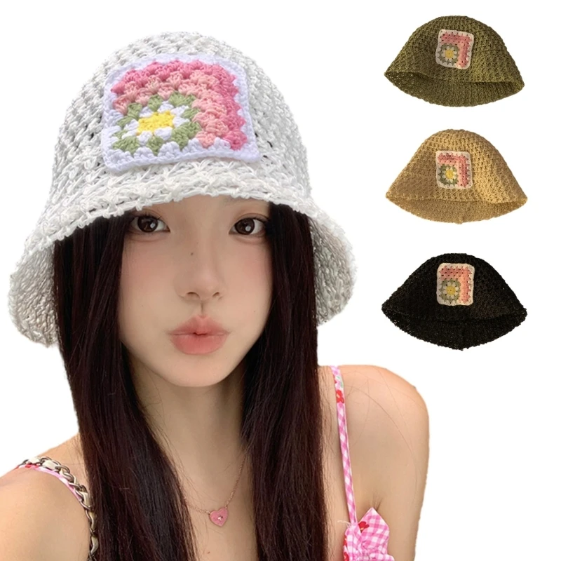 

Knit Flower Bucket Hat for Woman Breathable Color Matching Weaving Wide Brim Bucket Hat Adult Teens Summer Fisherman Cap
