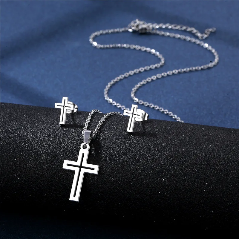316L Luxury Charm Punk Necklace earrings set Women Lover's Cartoon Cross Silver Color Pendant earring Necklace Jewelry jewelry sets jewelry set women earrings chain necklace