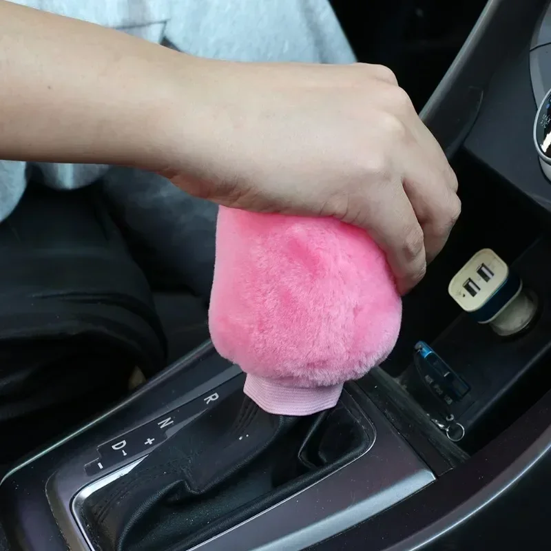 2pcs Warm Plush Car Shift Handle Cover Grip Non-Slip Protective Handbrake Grips Shift Knob Cover Interior Accessory
