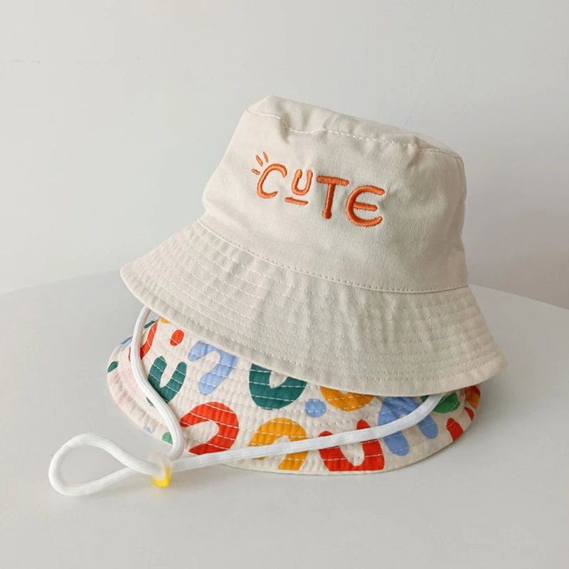 Children Double Sided Bucket Hat Letter Embroidered Boys Girls Sun Protection Cap Baby Kids Outdoor Anti-sunburn Sun Hats 2-6Y summer baby bucket hat double sided beach sun hats breathable cartoon dinosaur children fisherman cap boys girls uv protection