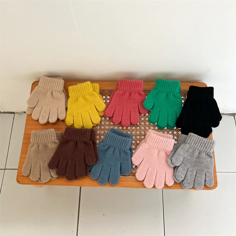 Solid Color Kids Gloves Winter Thick Velvet Boy Girl Warm Five Finger Mittens Outdoor Riding Windproof Children Anti-Cold Gloves
