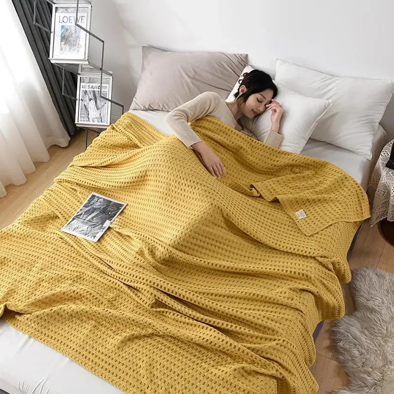 

Pure Cotton Waffle Plaid Blanket Luxury Modern Throw Blanket Knitted Thin Quilt Plain Soft Cozy Sofa Cover Bedspreads On The Bed